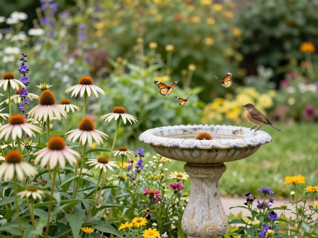 A cottage core backyard with butterflies and birds enjoying native plants and a small bird bath
