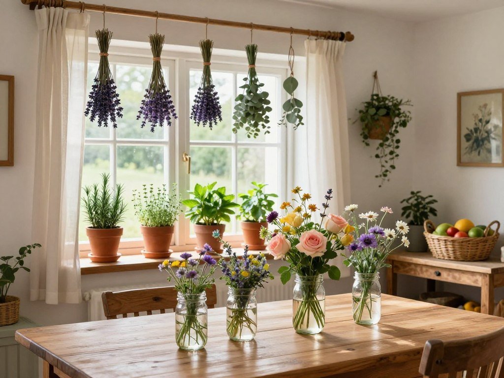 A cottage core dining room featuring fresh wildflowers in mason jars, potted herbs on the windowsill, and dried flower arrangements hanging from wooden beams