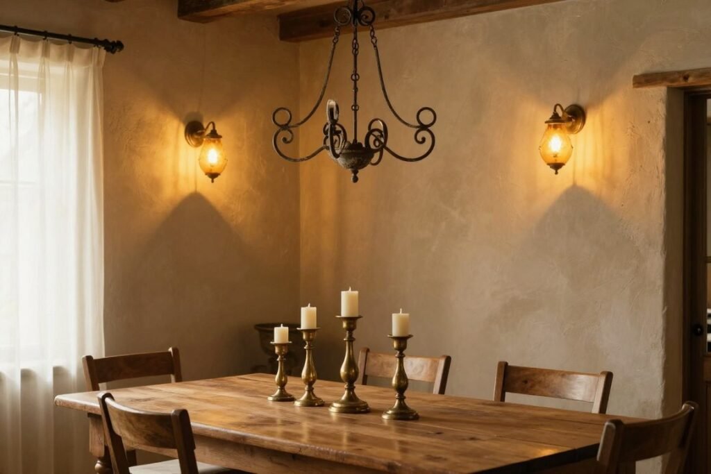 A cottage core dining room with layered lighting including a wrought iron chandelier, wall sconces, and candles in vintage holders creating a warm glow