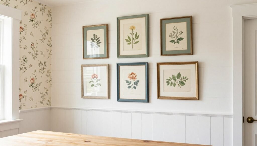 A cottage core dining room with white shiplap walls, botanical prints in vintage frames, and a soft color palette of cream, sage green, and dusty blue