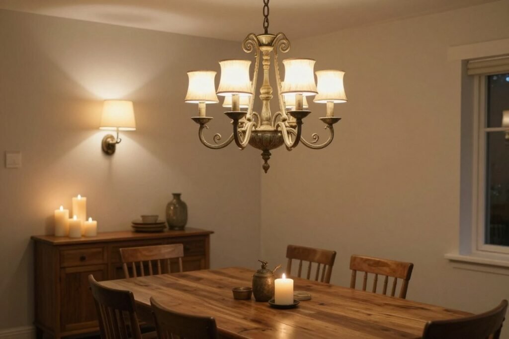 A cottage dining room with a vintage-inspired chandelier hanging over a wooden table, casting a warm glow