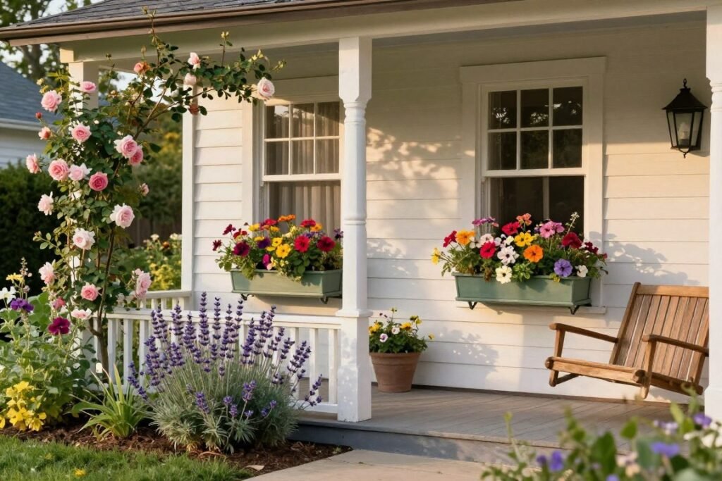 A cottage-style front porch with overflowing flower boxes, climbing roses, and a mix of perennials