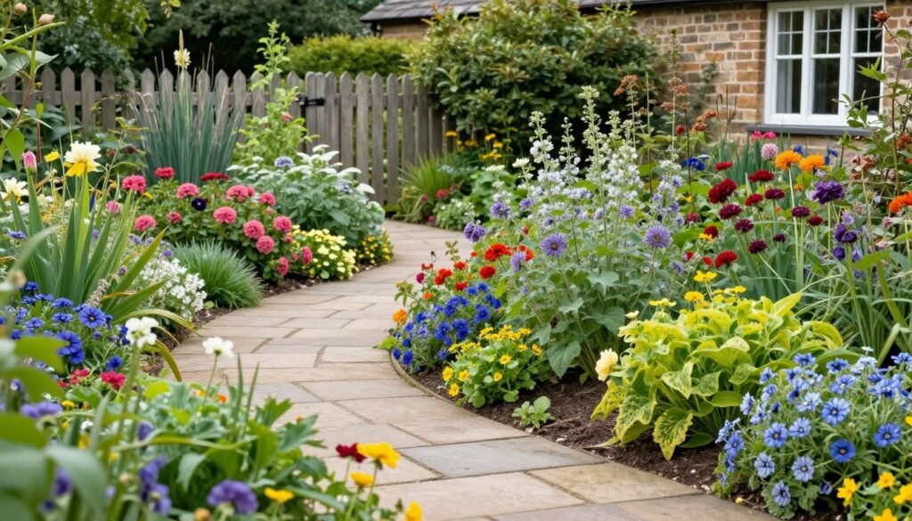 A cottage-style front yard garden with abundant flowers and a charming pathway