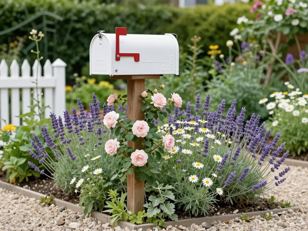 A cottage-style mailbox garden with climbing roses, lavender, and informal plantings creating a romantic look