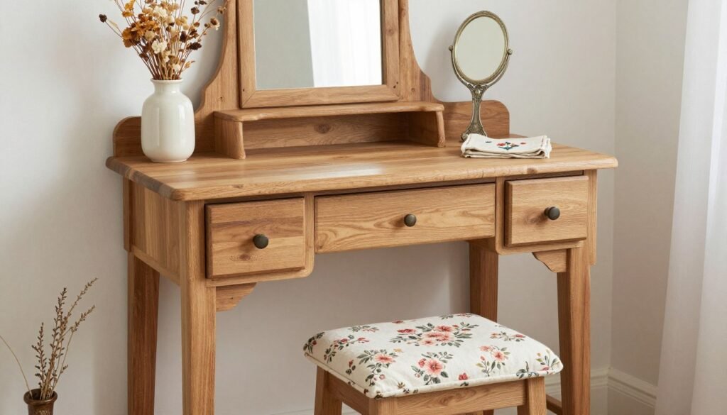 A cottagecore vanity with natural wood, floral patterns, and vintage accessories