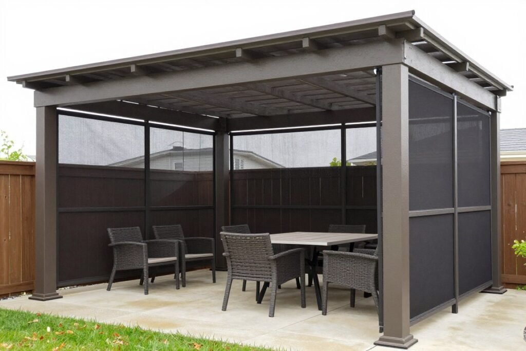 A covered patio with a pergola, retractable awning, and weather-resistant furniture allowing for all-season enjoyment