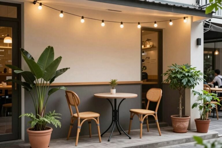 A cozy apartment patio bistro setup with a small round table, two chairs, string lights overhead, and potted plants creating an intimate cafe atmosphere