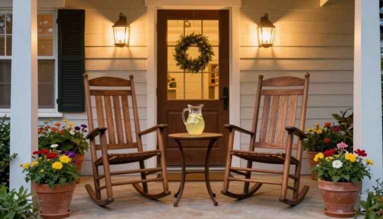 A cozy front patio with two rocking chairs, a small side table, and potted plants creating an inviting seating nook