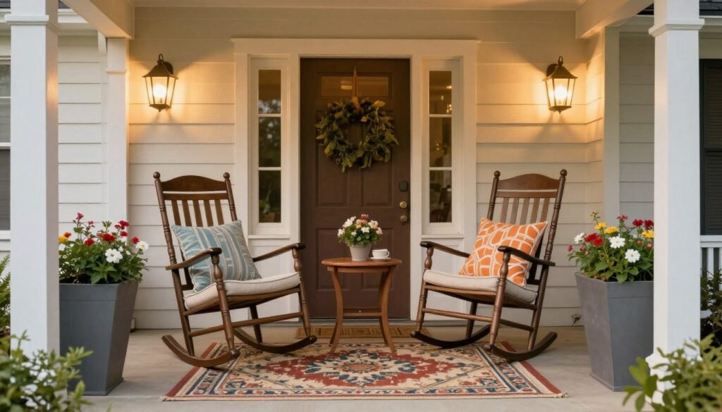 A cozy front porch seating area with rocking chairs, small table, and integrated planters A cozy front porch seating area with rocking chairs, small table, and integrated planters