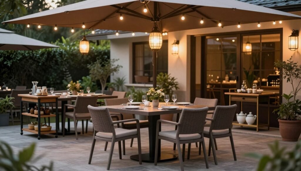 A cozy outdoor dining setup with a table, comfortable chairs, ambient lighting, and serving elements