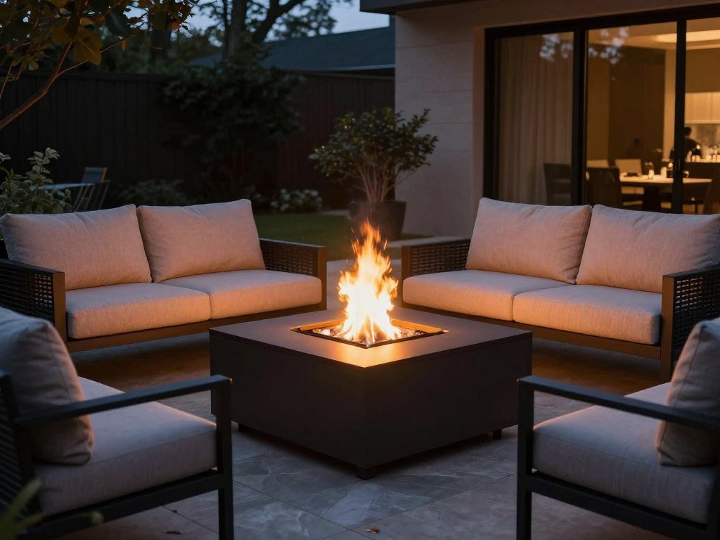 A cozy patio featuring a fire pit surrounded by comfortable seating, with people enjoying the warmth on a cool evening