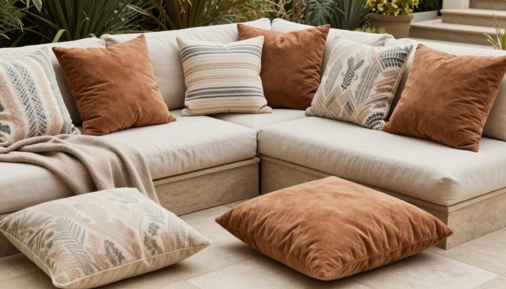 A cozy patio with various textiles including outdoor cushions, throw blankets, and pillows in warm, earthy tones