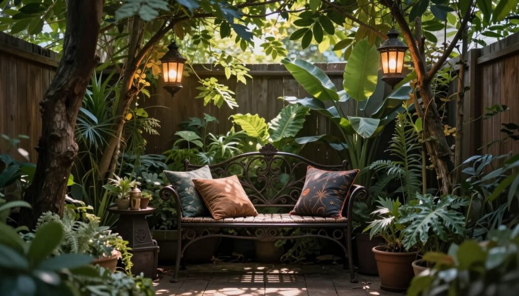 A cozy witchy backyard nook with a wrought-iron bench surrounded by plants and hanging lanterns