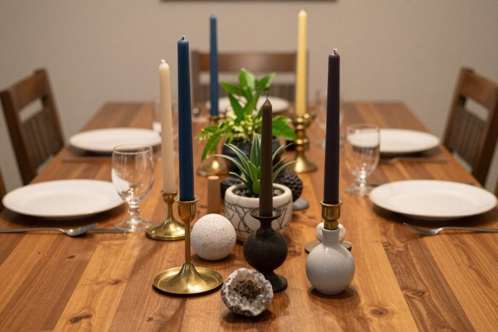 A creative centerpiece on an eclectic dining table featuring mixed candlesticks, small plants, and decorative objects