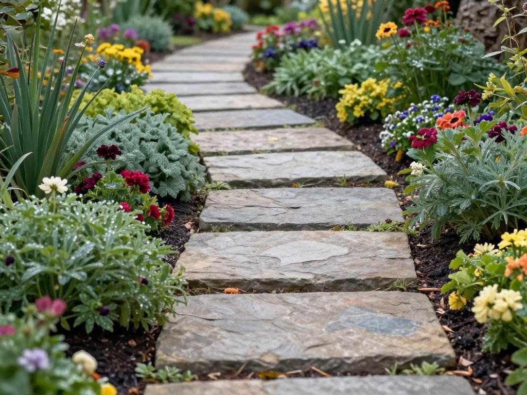 A curved garden path with stepping stones surrounded by colorful perennials and ground covers creating moments of discovery