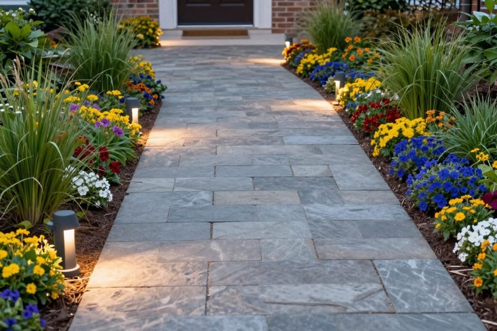 A curved stone pathway leading to a front door, bordered by colorful perennials and low landscape lighting