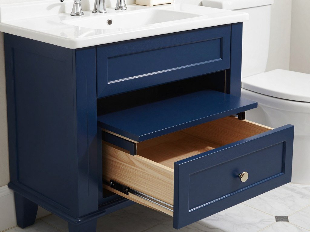 A custom-built blue bathroom vanity with specialized storage features