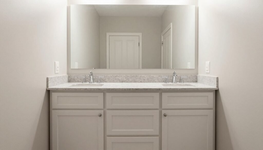 A custom wall-to-wall small vanity maximizing space in a narrow bathroom
