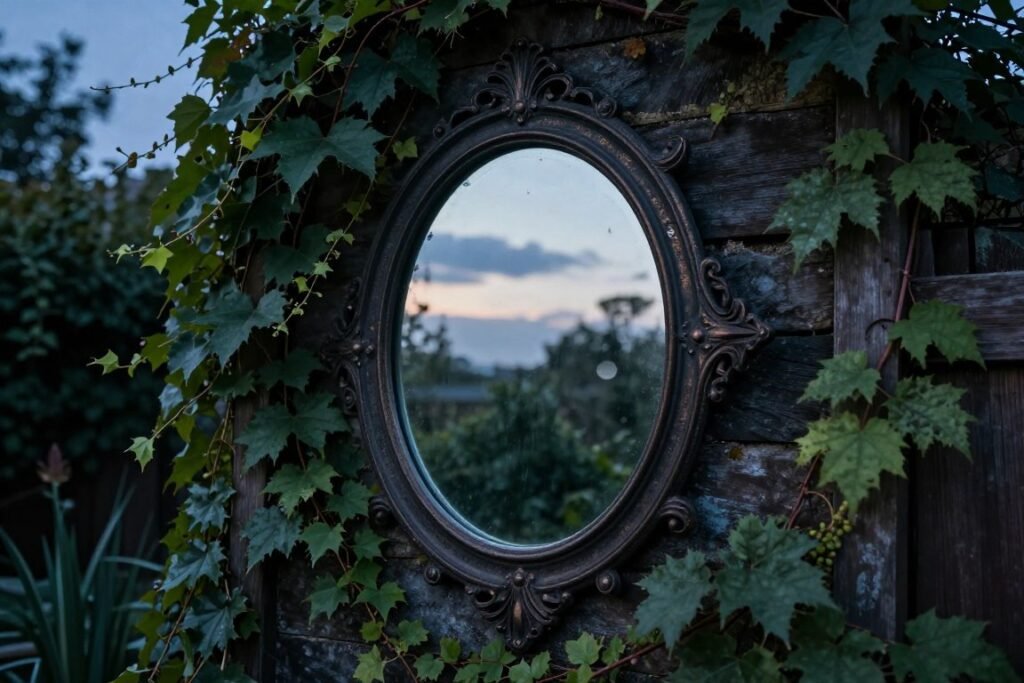 A dark scrying mirror mounted on a garden wall surrounded by climbing vines in a witchy backyard