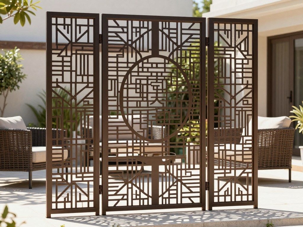A decorative metal privacy screen with geometric pattern creating dappled shade in a backyard seating area