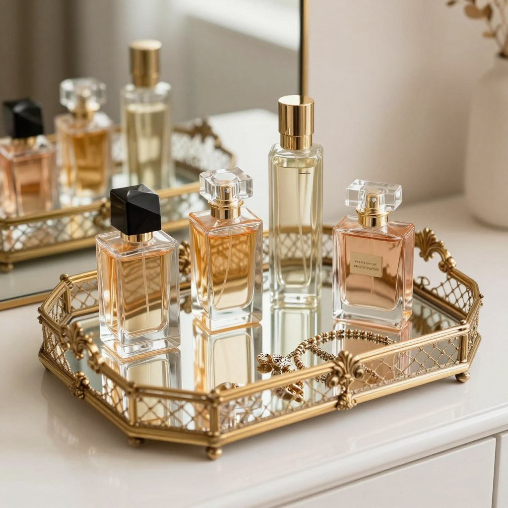 A decorative tray organizing perfume bottles and jewelry on a vanity surface