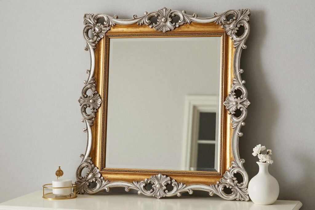 A decorative vanity mirror with an ornate frame adding character to a vanity setup