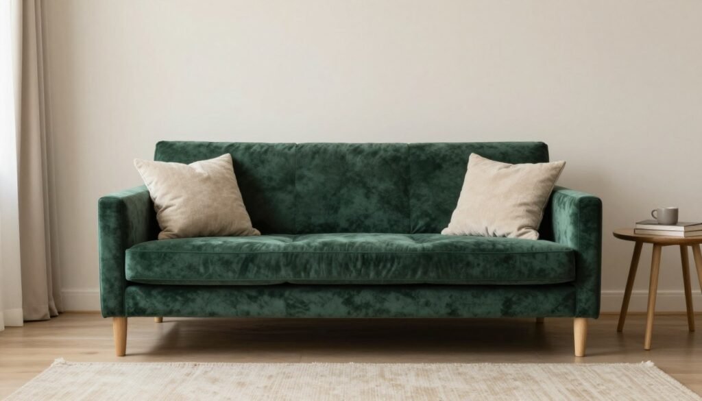A deep green couch in a living room with cream walls, beige accents, and natural wood elements