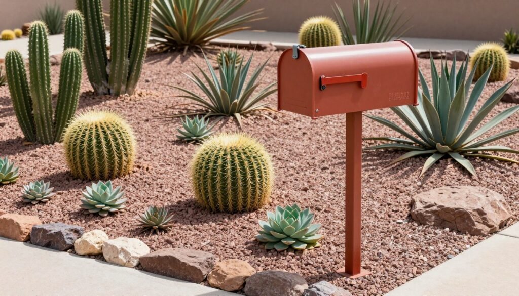 A desert-themed mailbox landscape featuring cacti, succulents, and decorative gravel suitable for arid climates