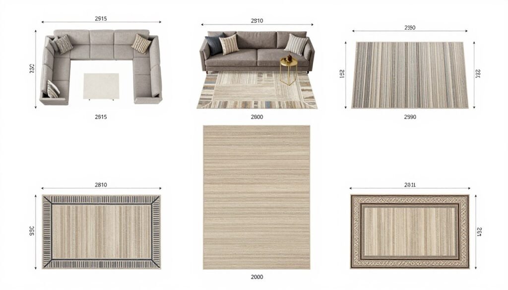 A diagram showing different outdoor rug size placements in relation to furniture arrangements