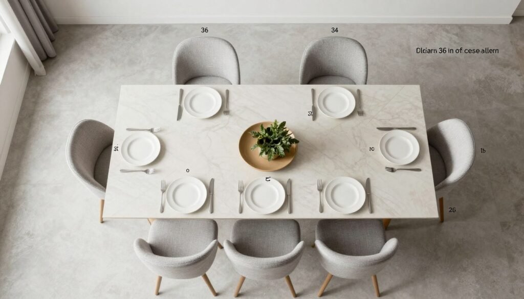 A diagram showing proper spacing around a modern dining table