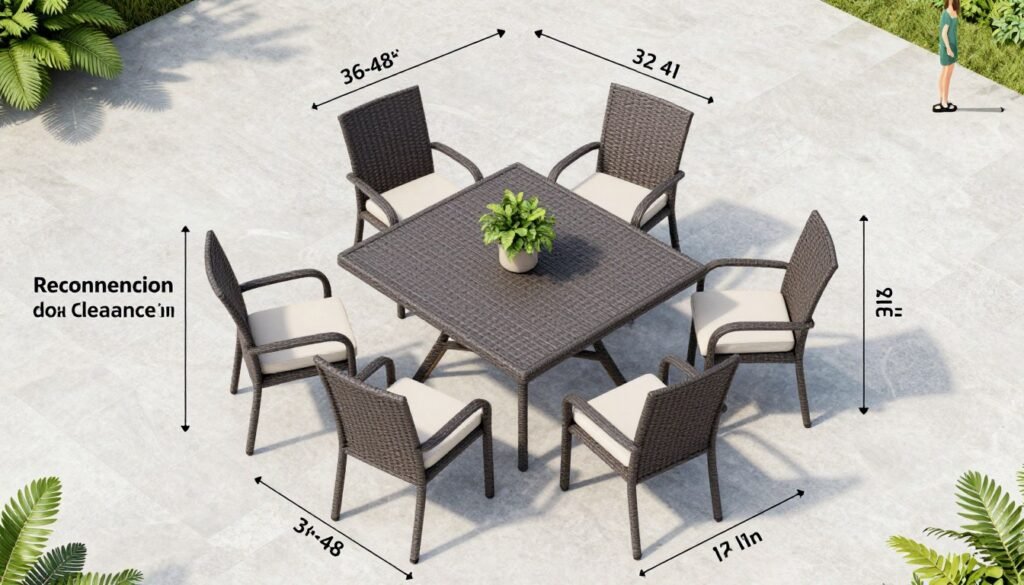 A diagram showing proper spacing measurements around a patio dining set A diagram showing proper spacing measurements around a patio dining set