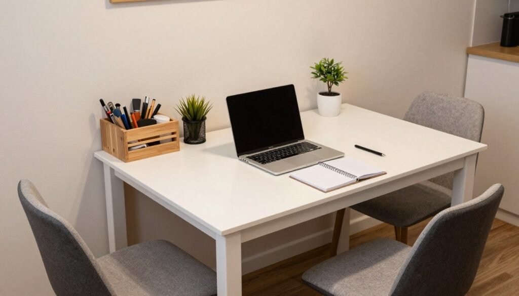 A dining area that doubles as a home office with laptop and office supplies neatly organized
