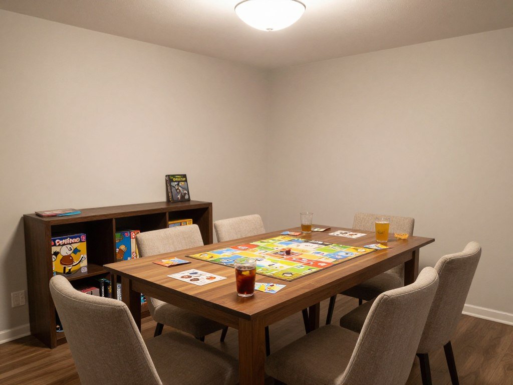 A dining area that transforms into a game night setup with storage for games nearby