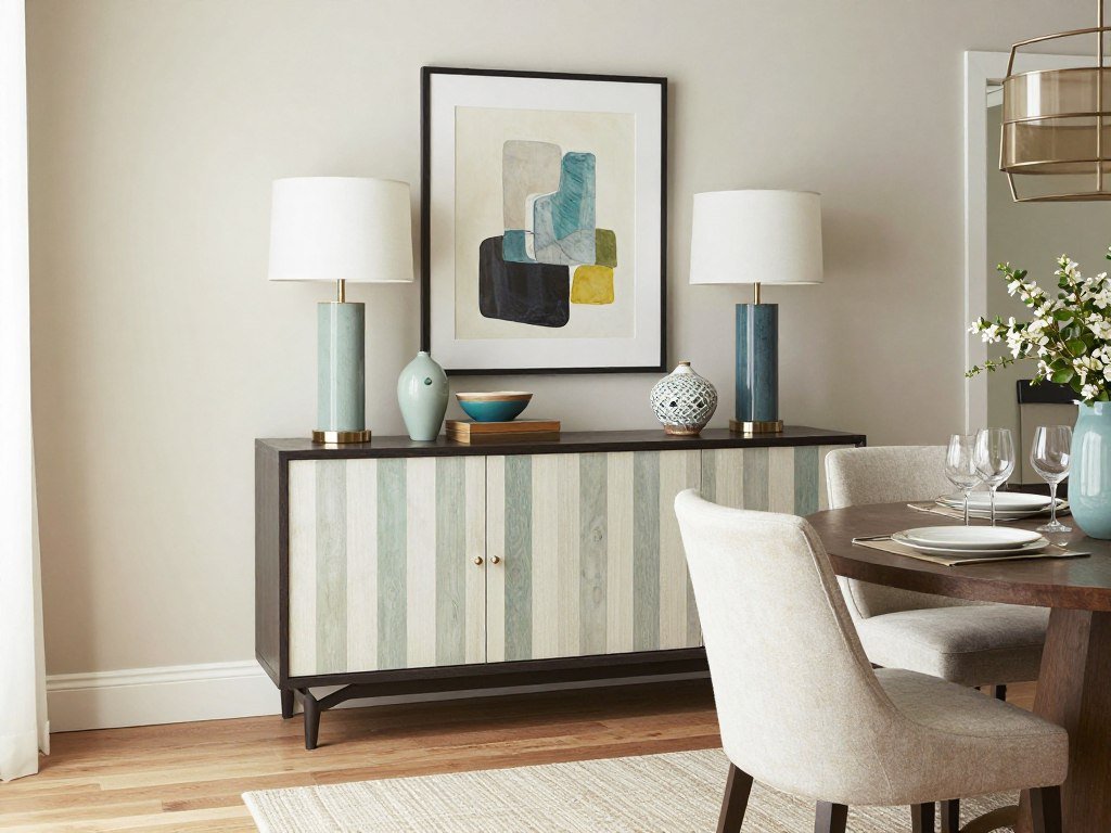 A dining area with a styled sideboard complementing the table decor, featuring artwork and decorative objects
