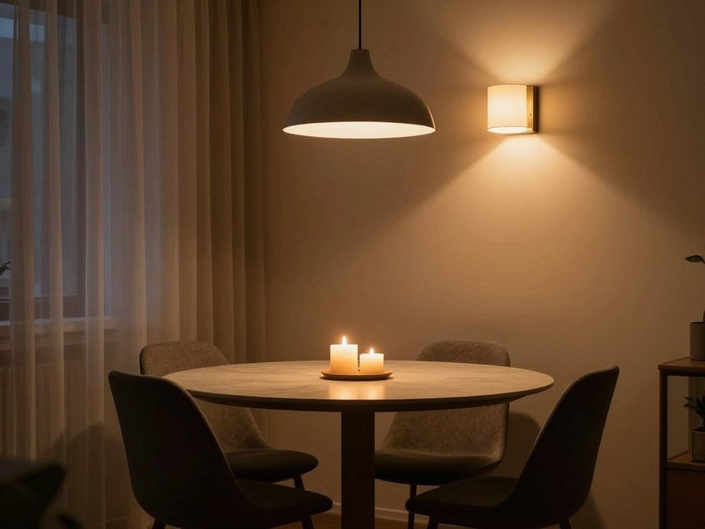 A dining area with layered lighting including pendant, wall sconce, and candles