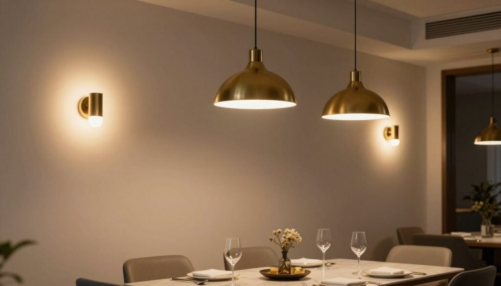 A dining area with pendant lighting over the table and complementary wall sconces creating a warm atmosphere