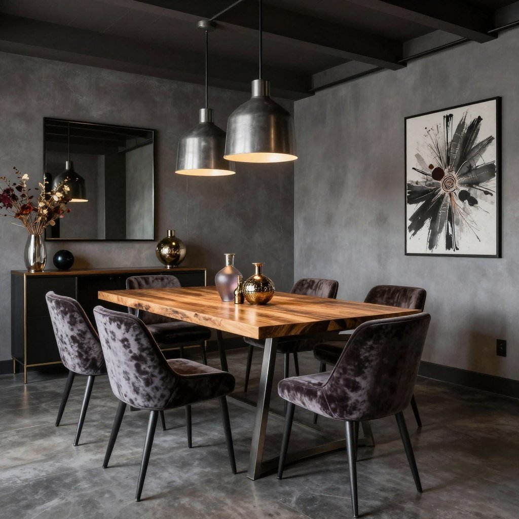A dining room blending industrial and glam elements showcasing unique dining room glam style