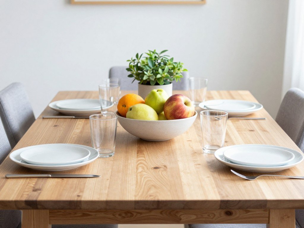 A dining room table styled for everyday use with a simple, beautiful centerpiece