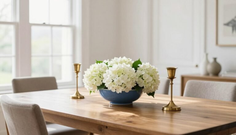 A dining room table with a perfectly proportioned centerpiece featuring a low arrangement of white hydrangeas in a blue ceramic bowl, flanked by brass candlesticks