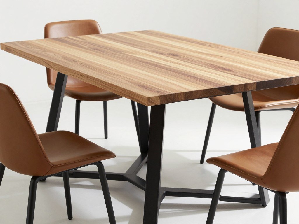 A dining room table with metal base and wood top showing the beautiful contrast of mixed materials