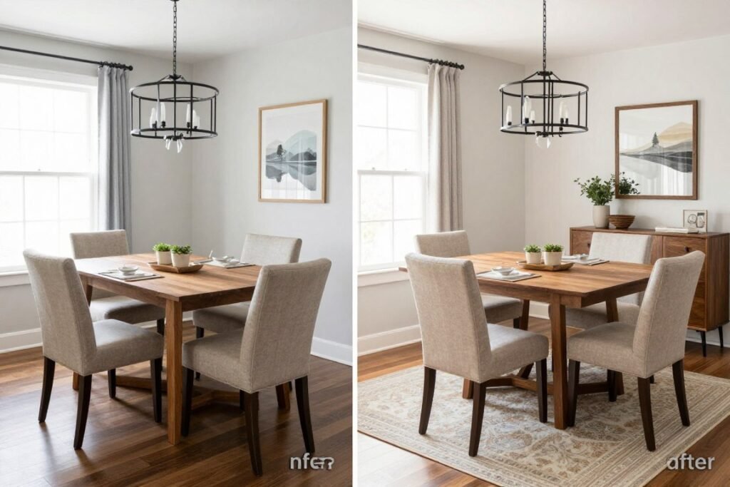 A dining room transformation in progress showing before and after Nancy Meyers styling