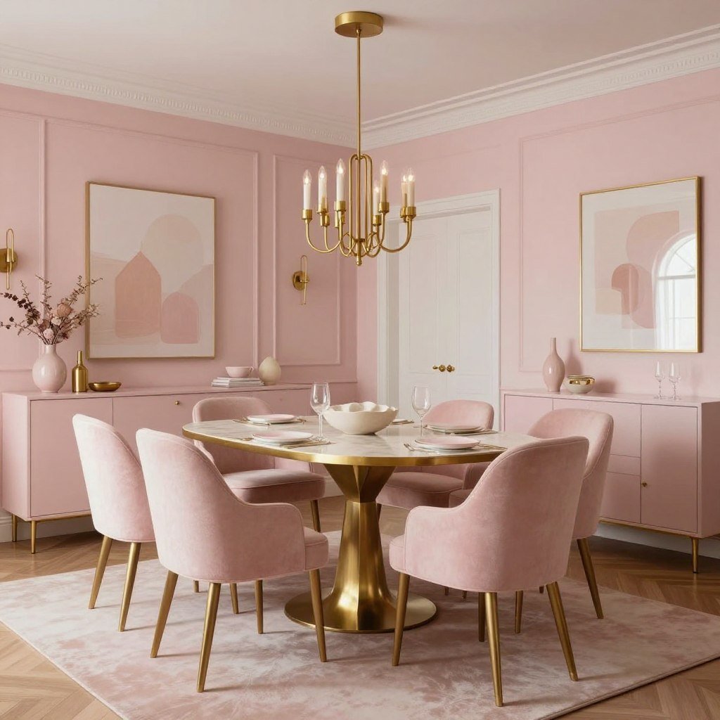 A dining room with blush pink and brass creating soft dining room glam