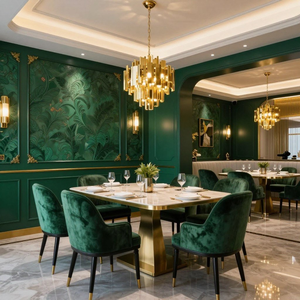 A dining room with emerald green and gold color scheme showcasing dining room glam