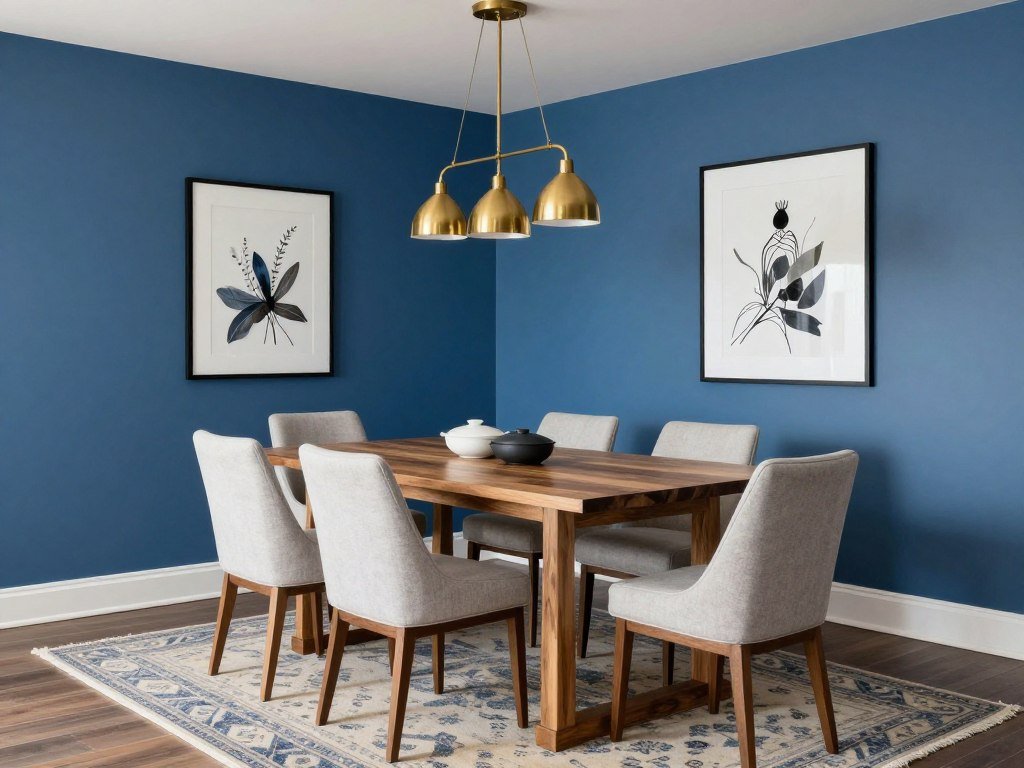 A dining room with medium-toned blue walls and mixed furniture styles