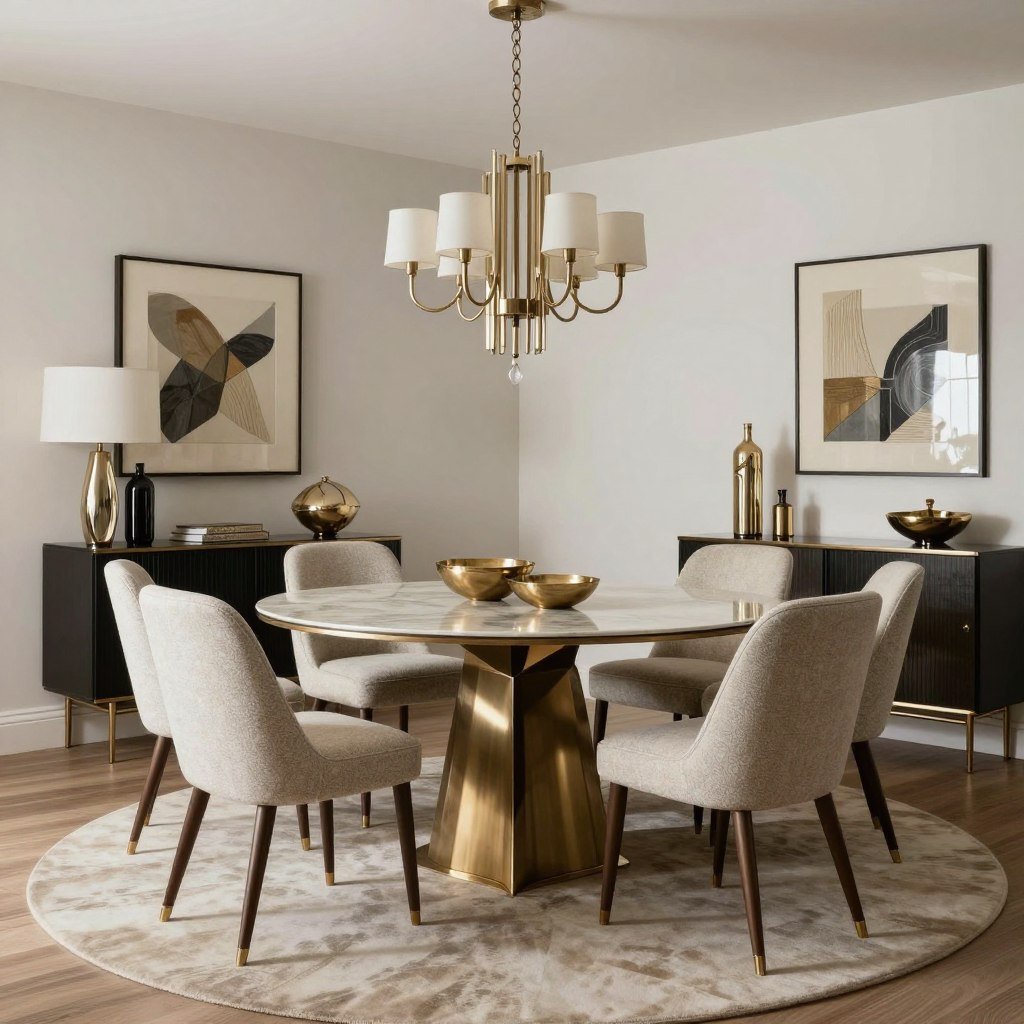 A dining room with mid-century modern furniture and glamorous accents showcasing dining room glam versatility
