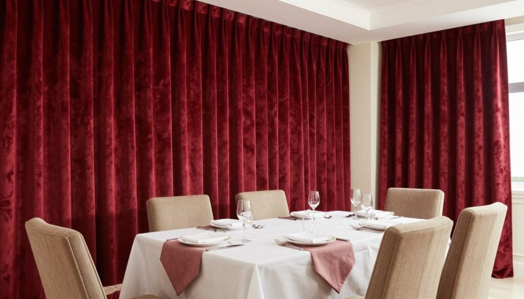 A dining room with plush curtains, table linens, and upholstered chairs showcasing dining room glam textiles