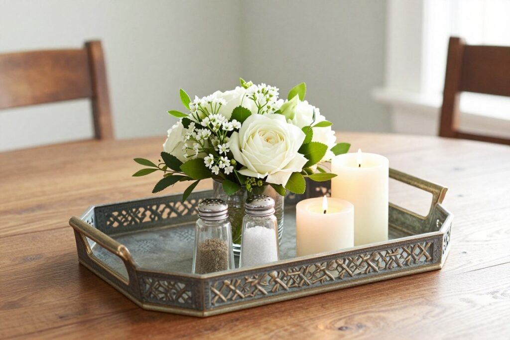 A dining table centerpiece on a tray that can be easily moved aside to make room for serving dishes A dining table centerpiece on a tray that can be easily moved aside to make room for serving dishes