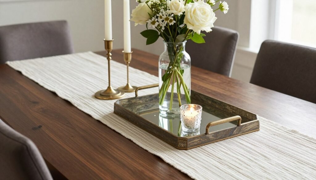 A dining table showing layering techniques with a table runner, tray, and varied height elements creating a professional-looking centerpiece