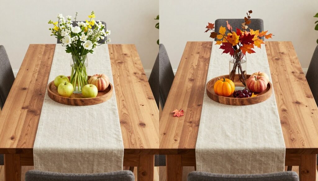 A dining table showing seasonal transition with a neutral base and changeable elements for different seasons