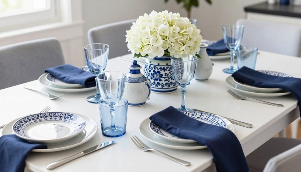 A dining table styled in a blue and white color scheme with various shades and patterns